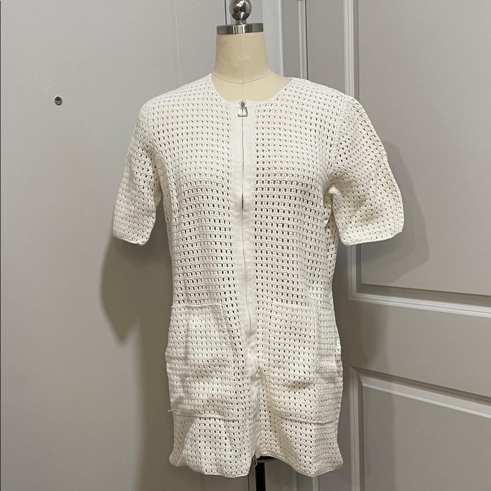 RARE Akris Atoir Scoop Neck Cream Crochet Zip-Up Mini Dress